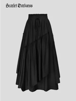 Overlay Decorated Drawstring Waist Irregular Hem Skirt