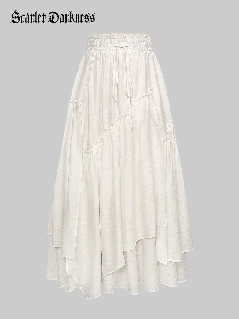 Overlay Decorated Drawstring Waist Irregular Hem Skirt