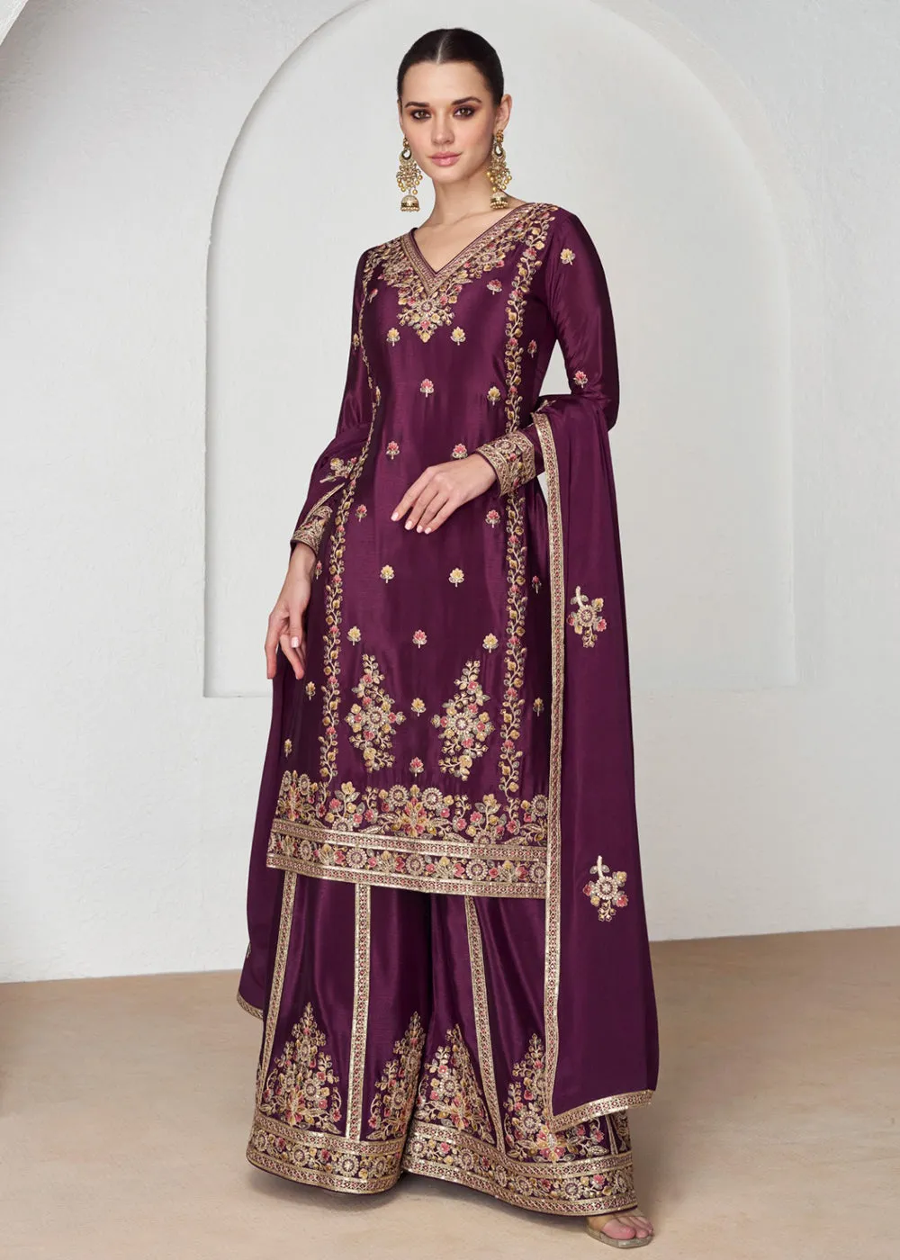 Palazzo Style Premium Chinnon Silk Wine Festive Suit