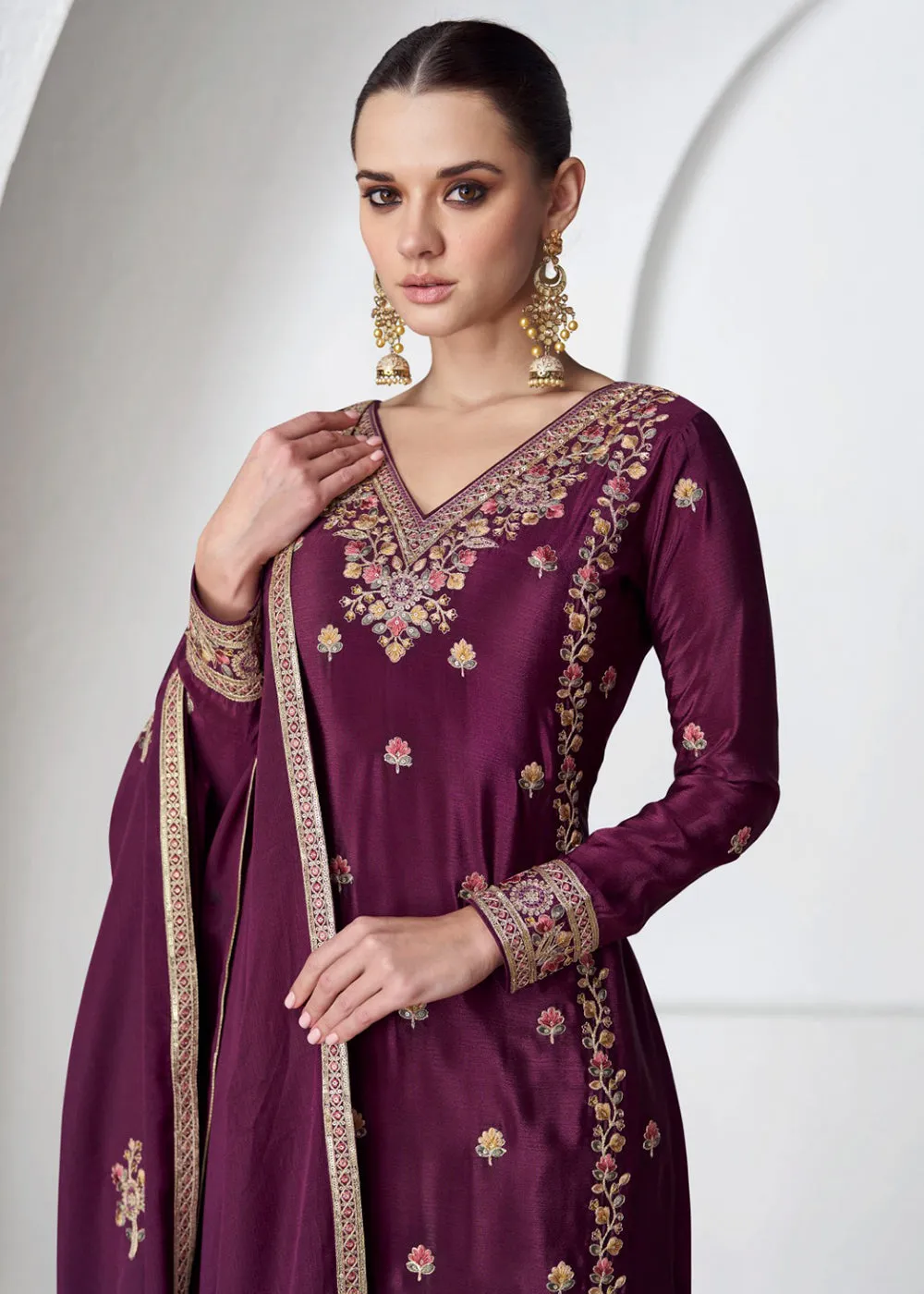 Palazzo Style Premium Chinnon Silk Wine Festive Suit