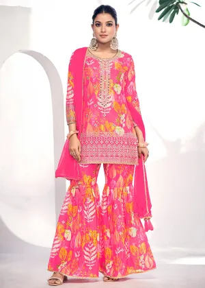 Pink Embroidered & Printed Festive Gharara Suit