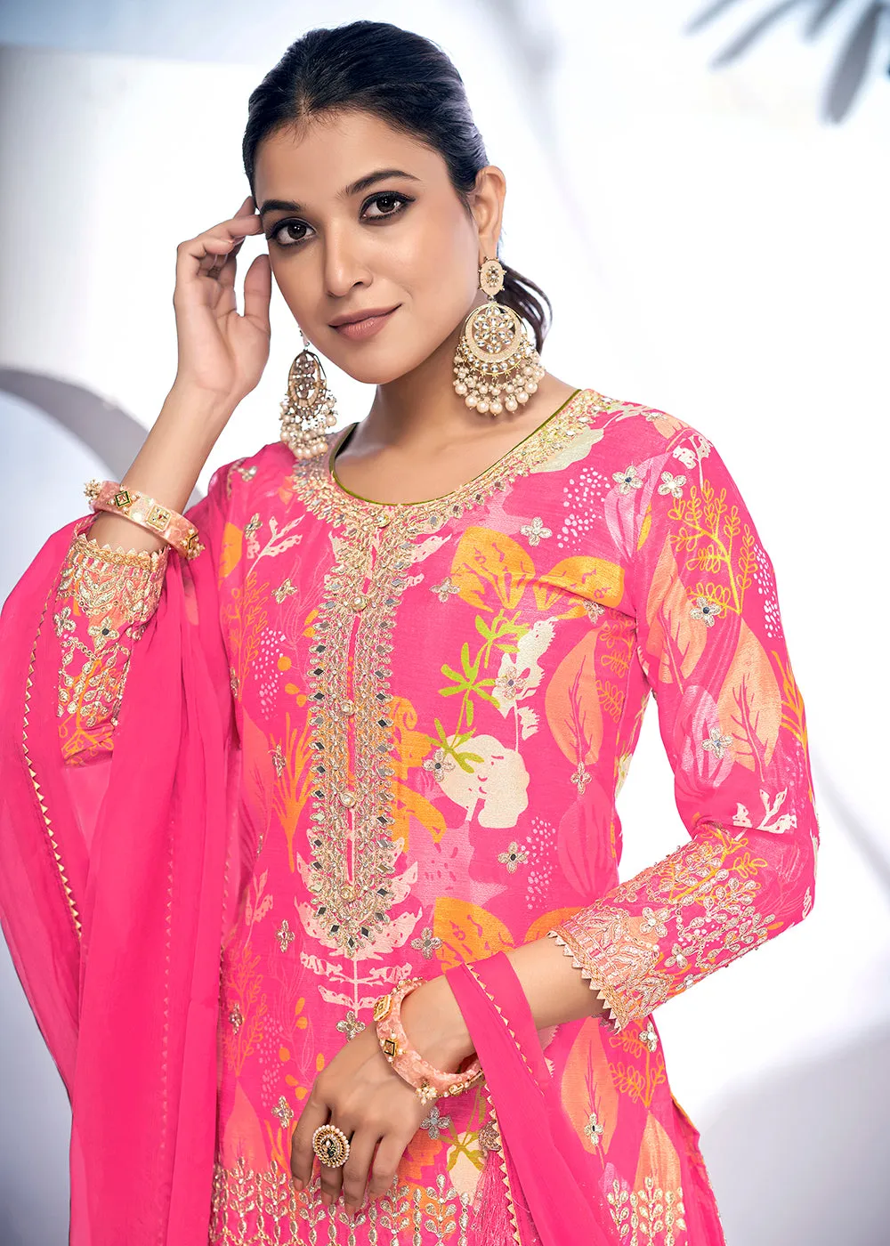 Pink Embroidered & Printed Festive Gharara Suit