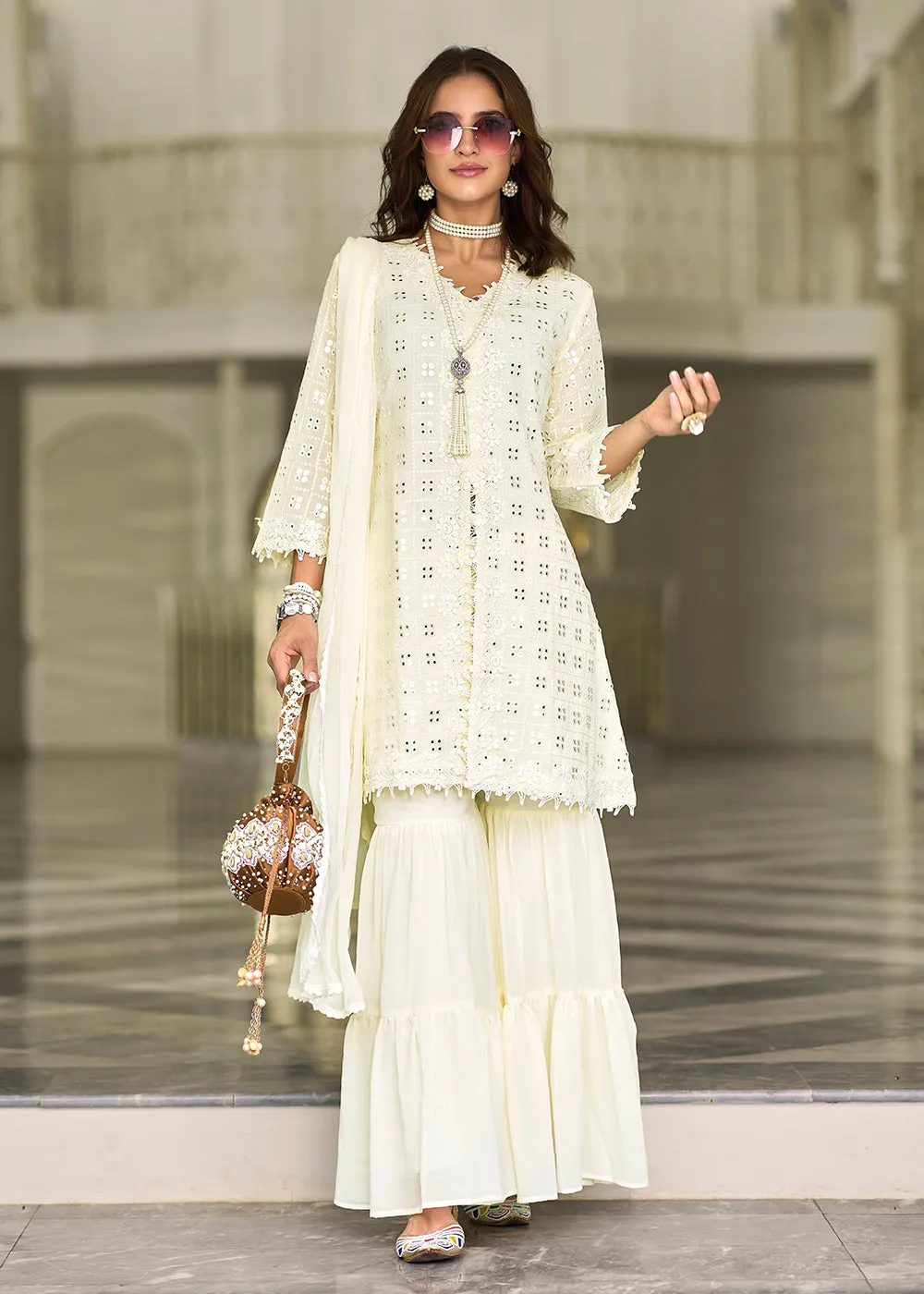 Pleasing Off White Fancy Embroidered Festive Gharara Suit