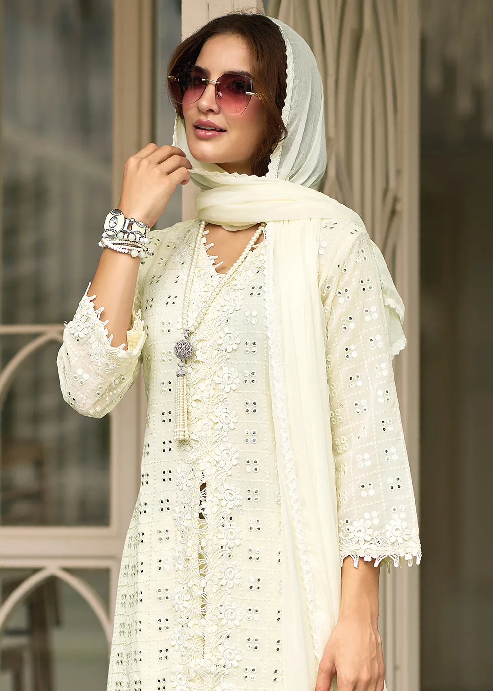 Pleasing Off White Fancy Embroidered Festive Gharara Suit