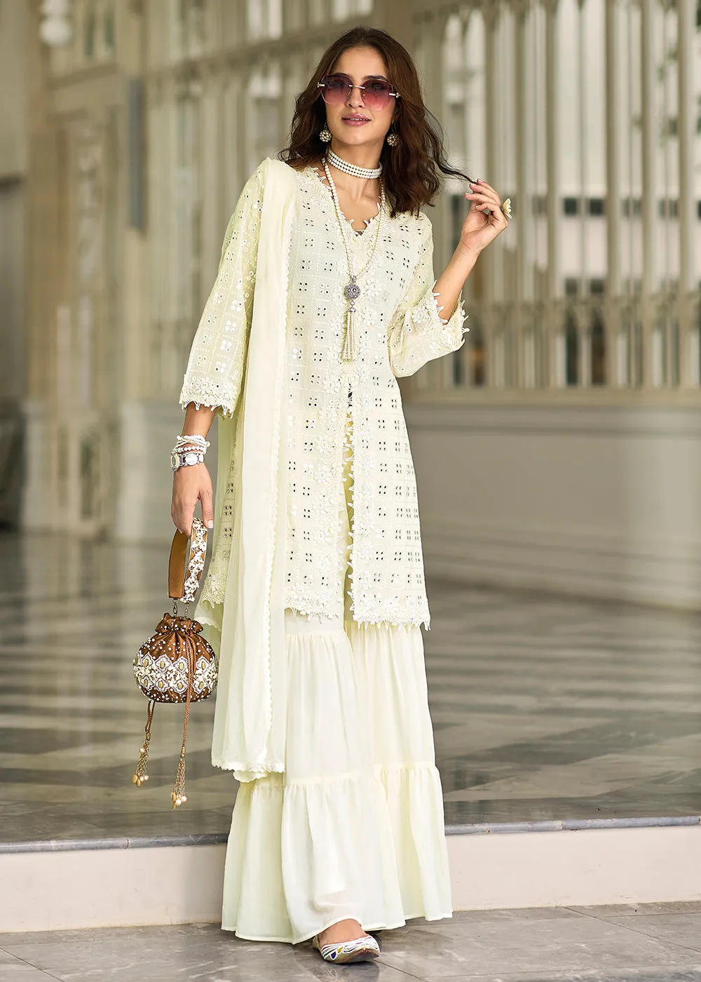 Pleasing Off White Fancy Embroidered Festive Gharara Suit