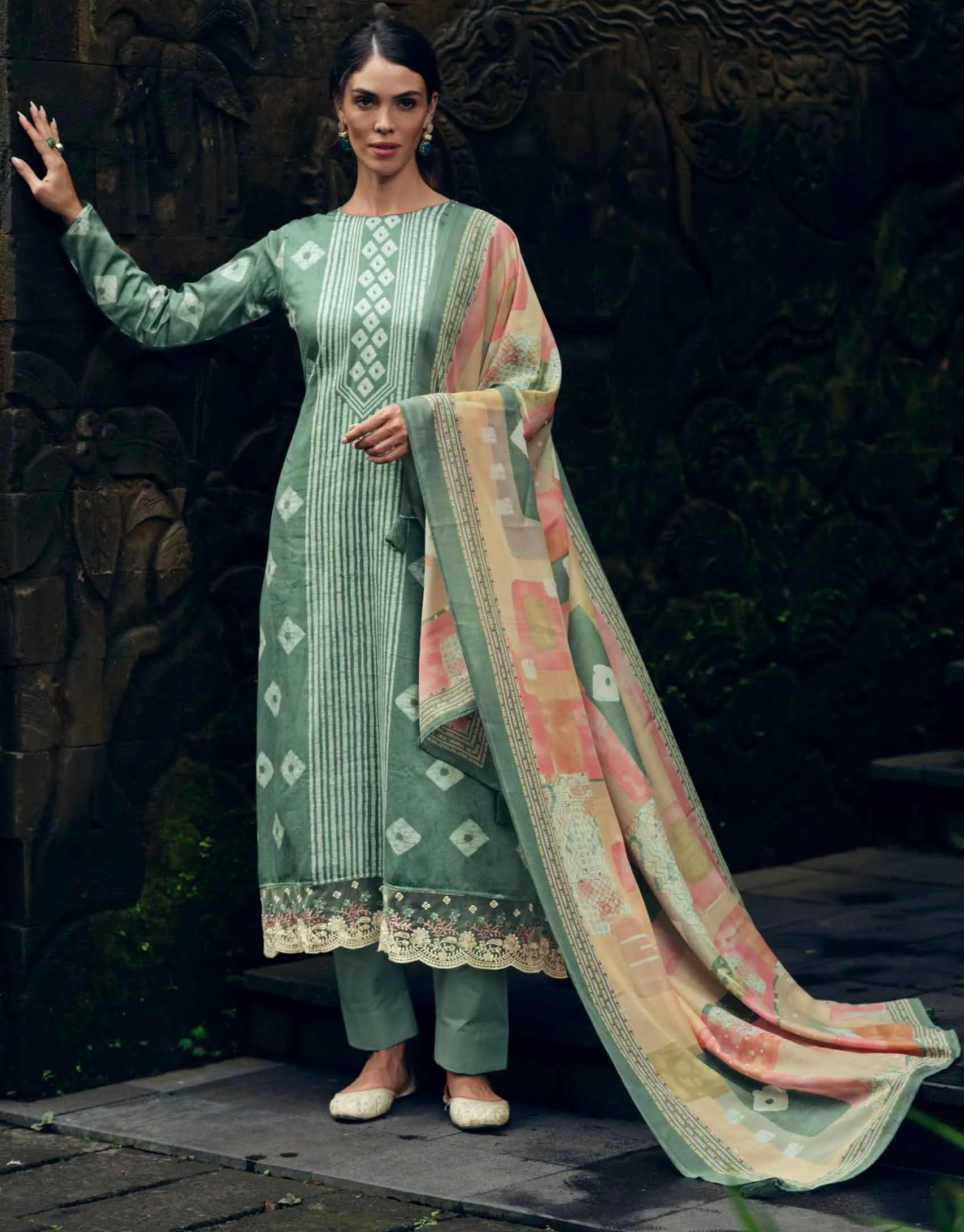 Pure Cotton Silk Olive Green Unstitched Ladies Suit Material With Embroidery