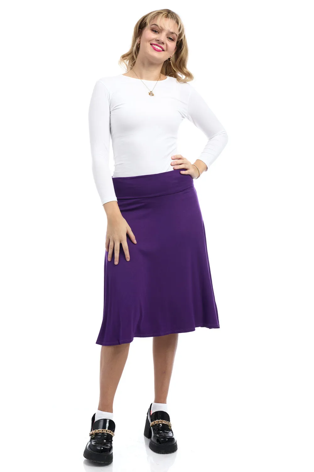 Purple Below Knee Length Midi Fold Over Flare A-Line Skirt 'Playa'