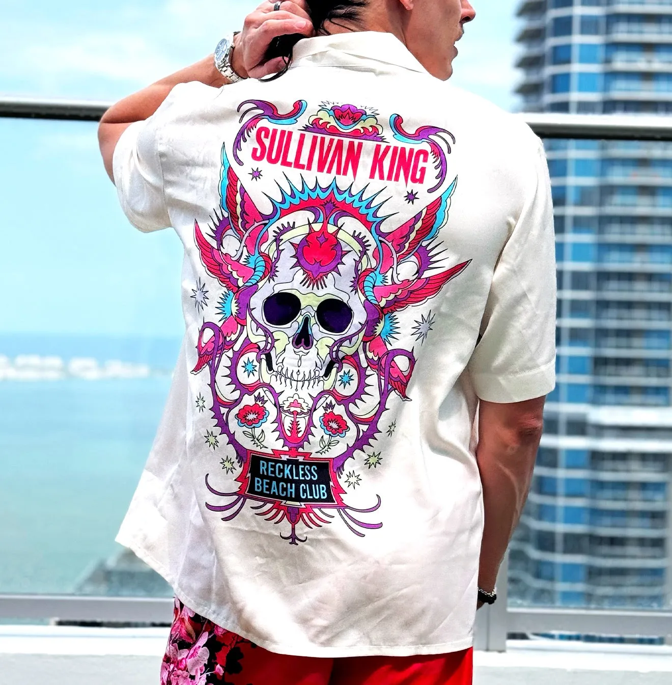 "Reckless Beach Club" Button Up Shirt (Demented Skull)