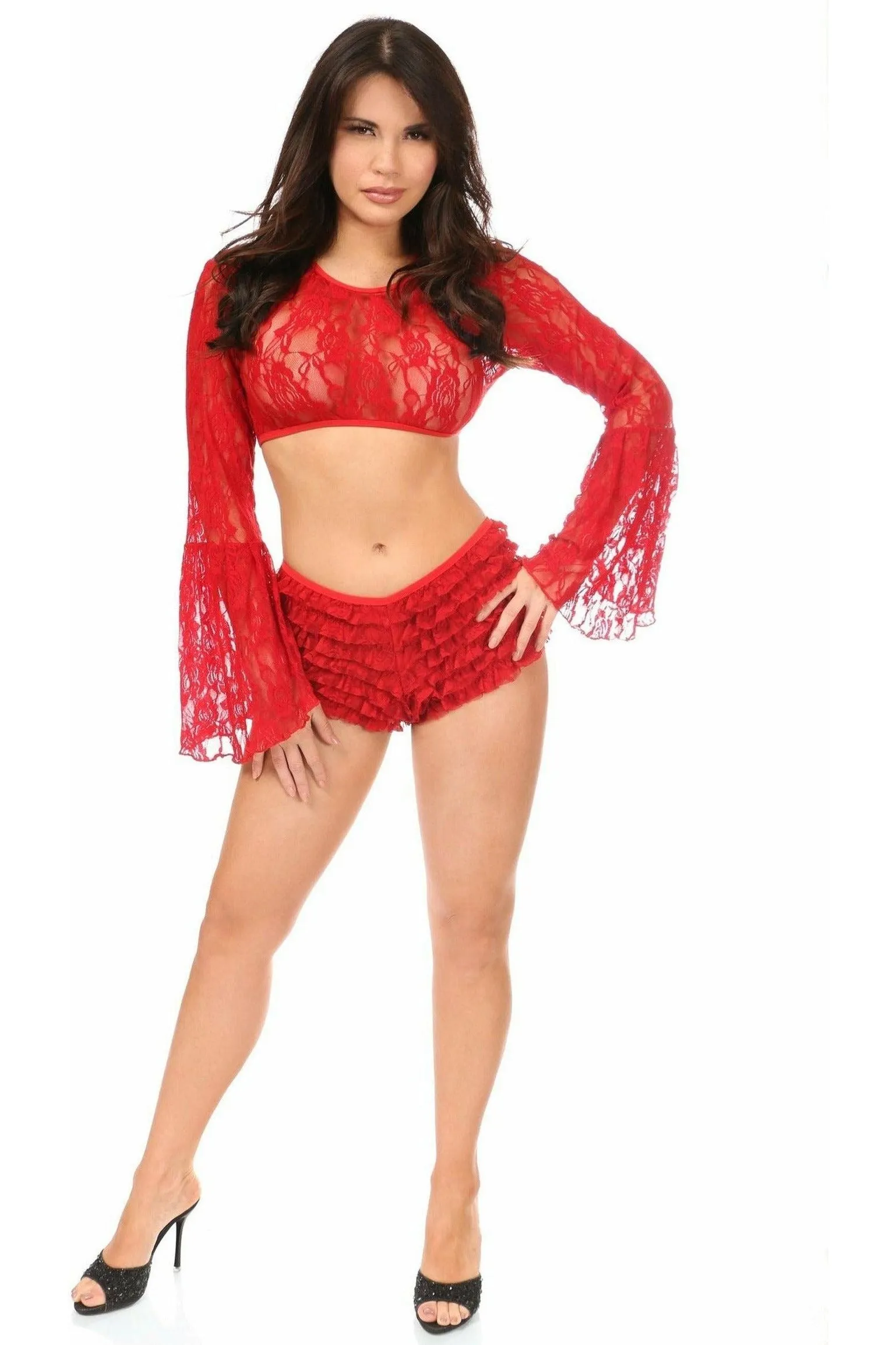 Red Sheer Lace Bell Sleeve Peasant Top