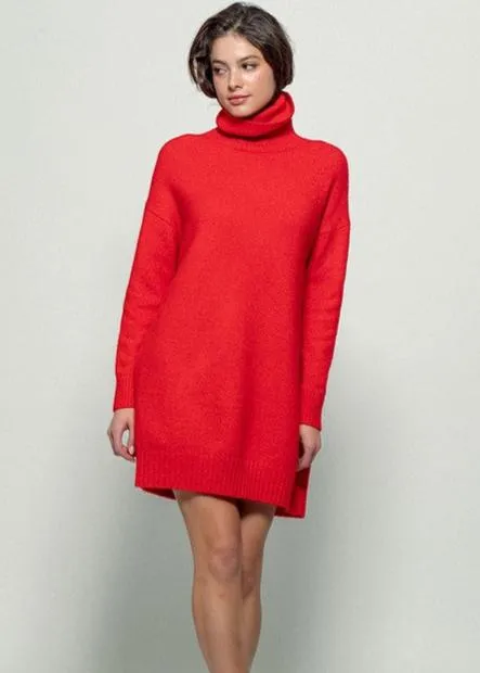 Red Turtleneck Loose Fit Knit Sweater Dress