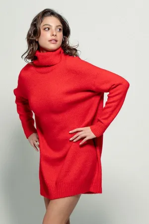 Red Turtleneck Loose Fit Knit Sweater Dress