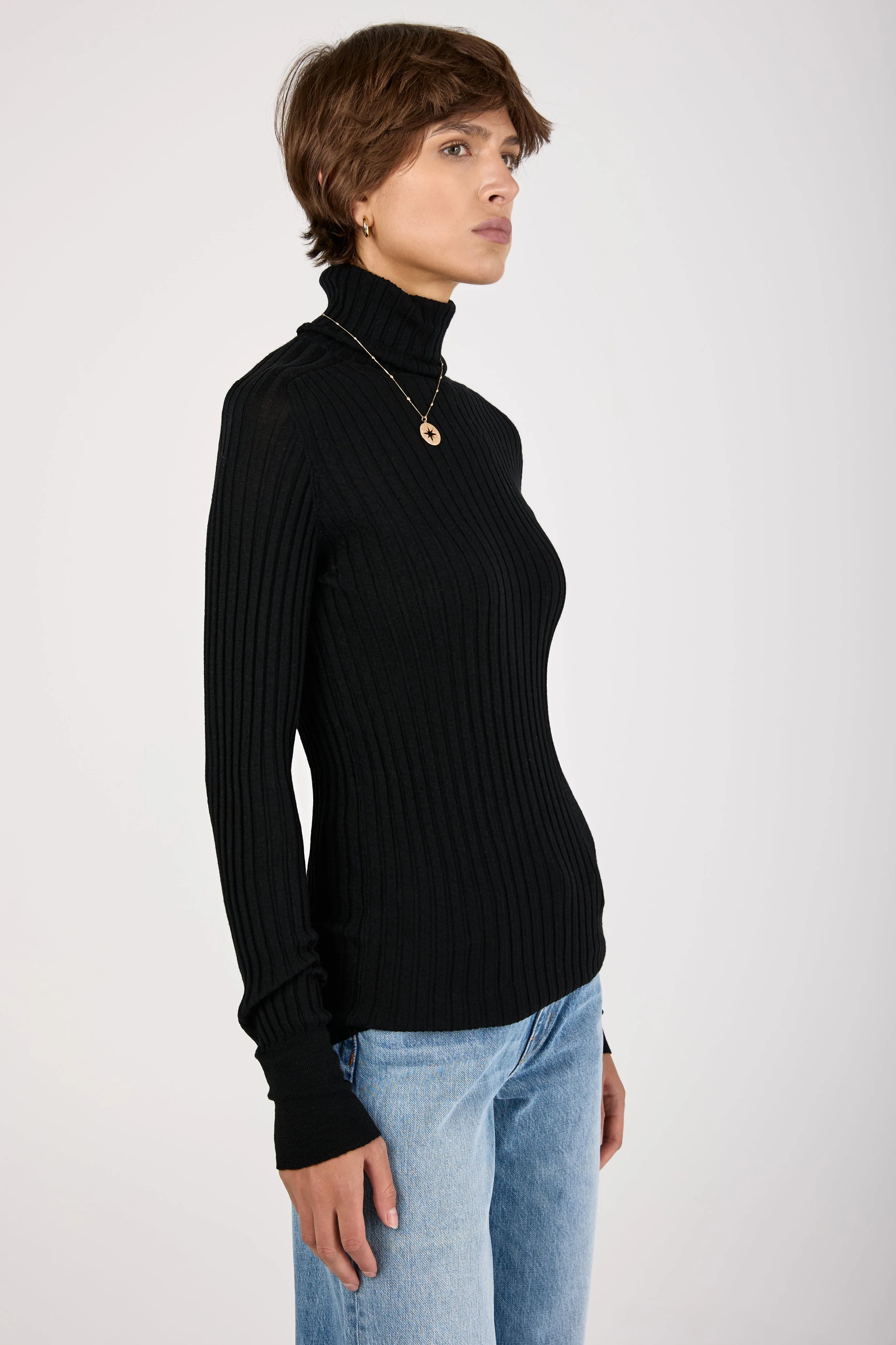 Ribbed Turtleneck Wool Knit Sweater in Black