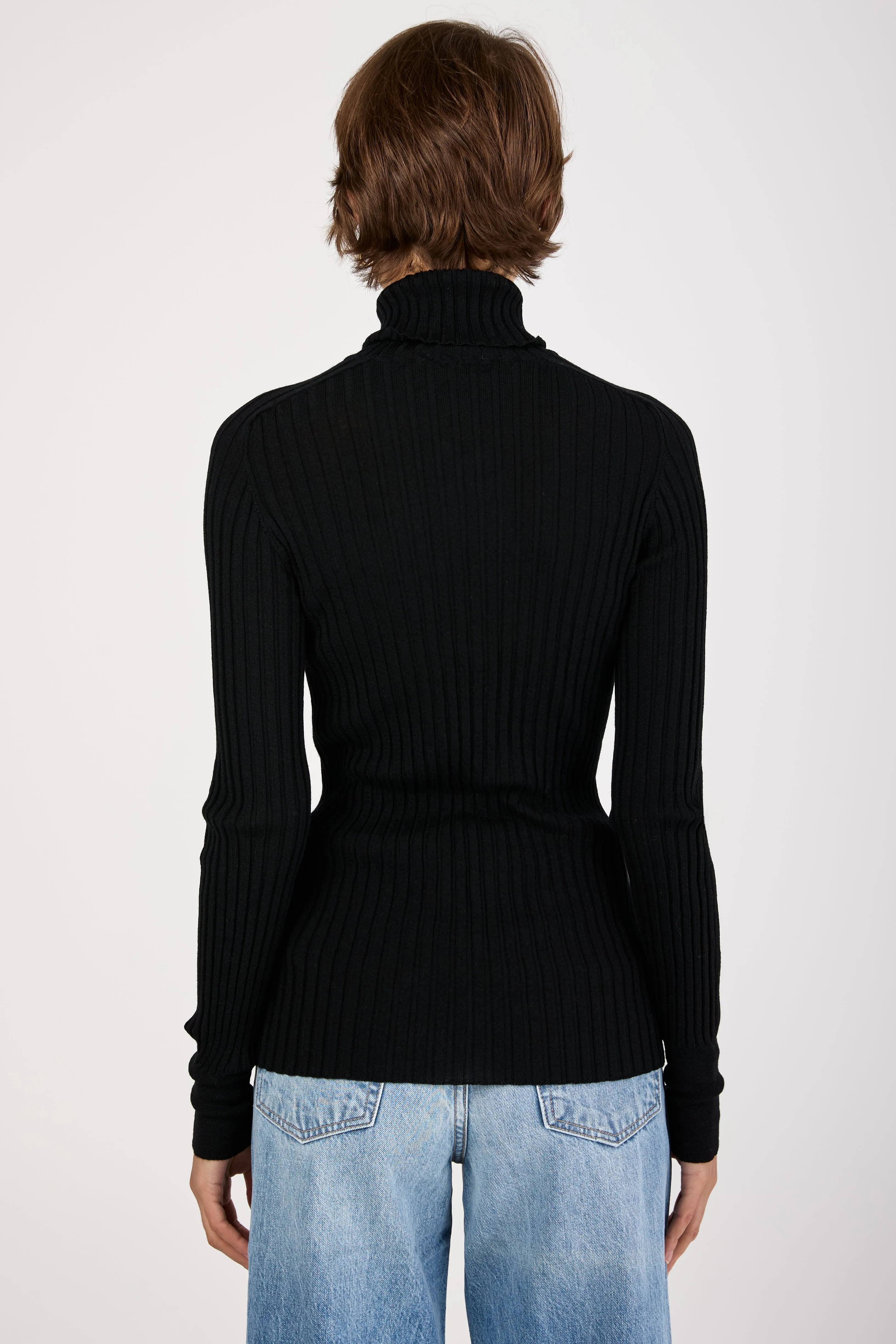 Ribbed Turtleneck Wool Knit Sweater in Black