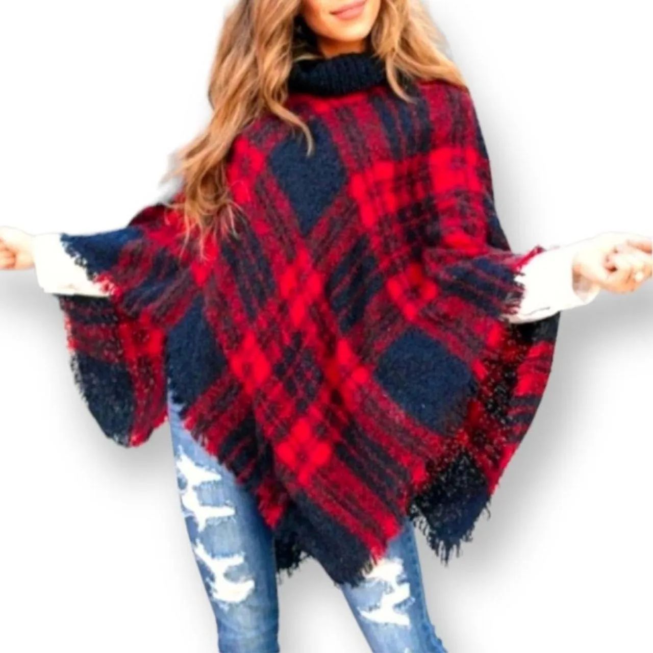 RITZY Multi Checks Poncho Shawl with Neckwarmer