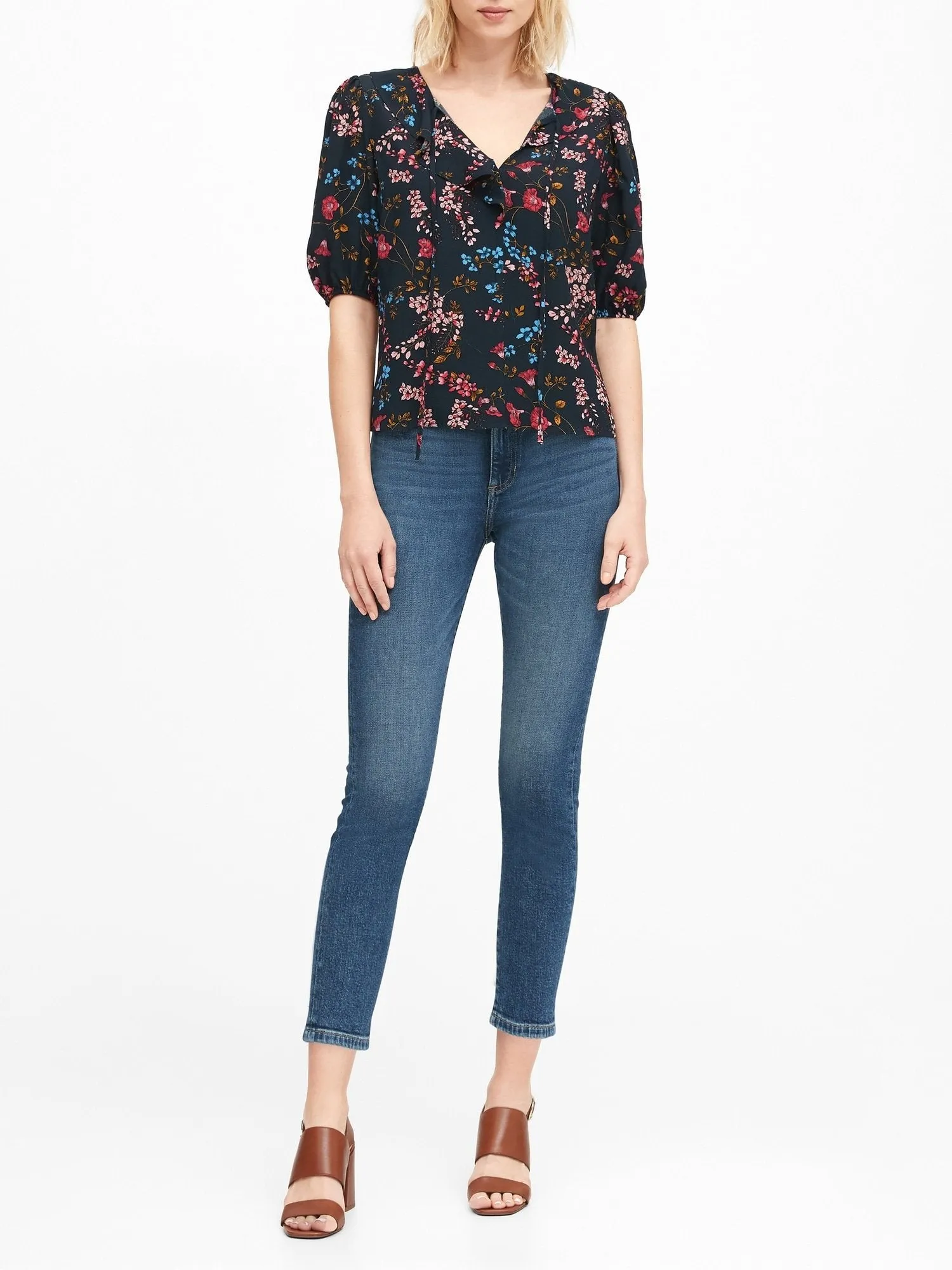 Ruffle-Front Top in Navy Floral