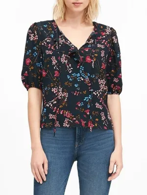 Ruffle-Front Top in Navy Floral