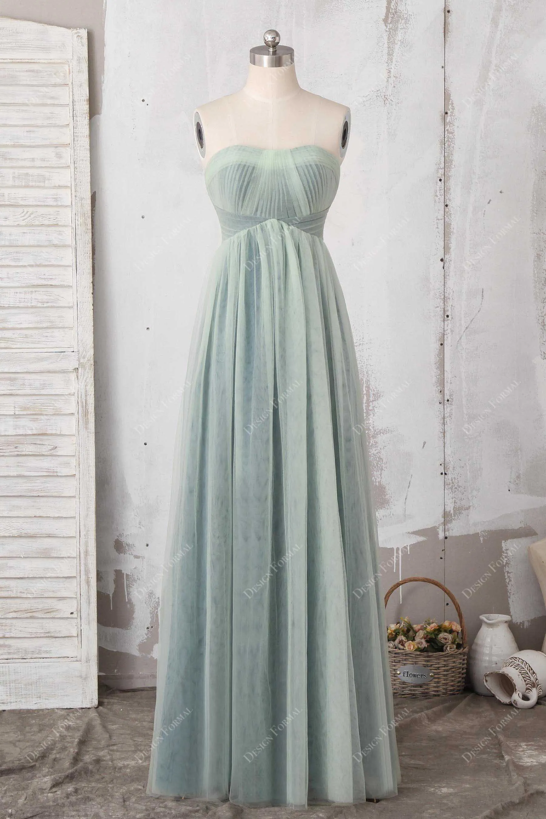 Sage Tulle Overlaid Strapless A-line Floor Length Dress