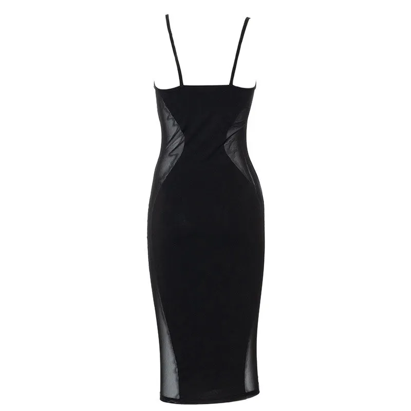 Sheer Mesh Panel Underwire Sleeveless Bodycon Party Midi Dress - Black