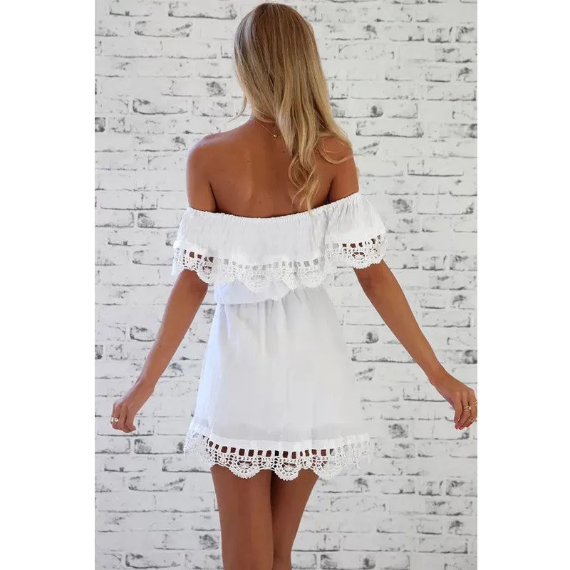 Short Demur off Shoulder Cut-out Lace Trim Dress