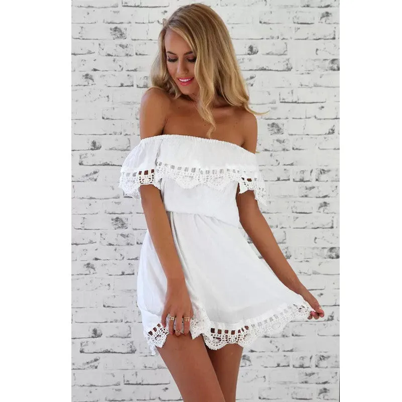 Short Demur off Shoulder Cut-out Lace Trim Dress