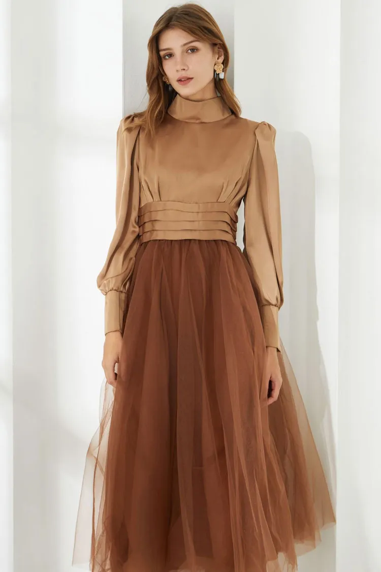 Silky Satin High Neck Long Sleeve High Waist Tulle Cocktail Midi Dress - Khaki