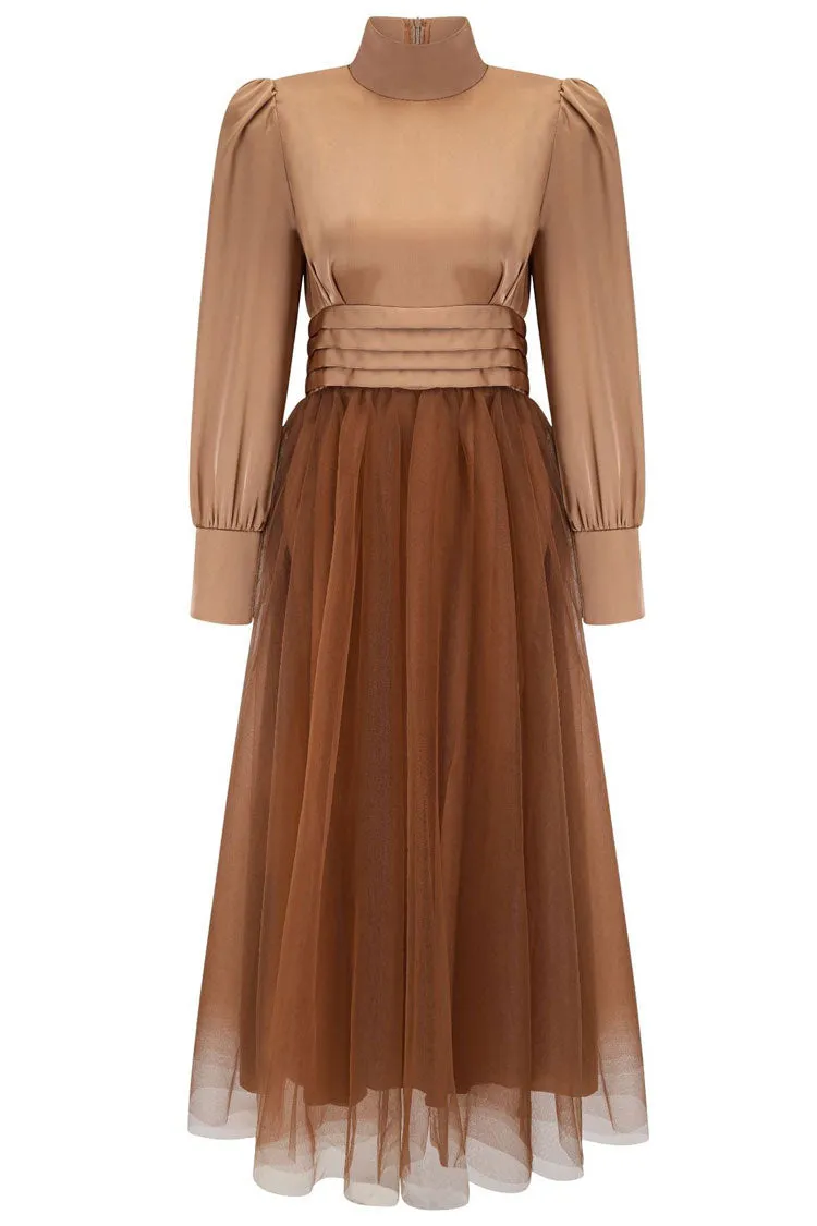 Silky Satin High Neck Long Sleeve High Waist Tulle Cocktail Midi Dress - Khaki