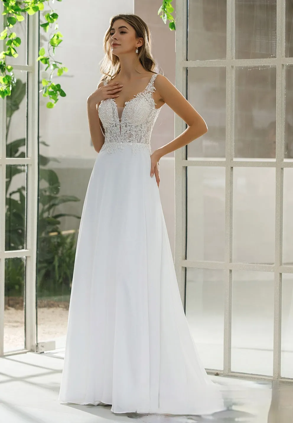 Simple Lace A-line Bridal Gown With Chiffon Skirt