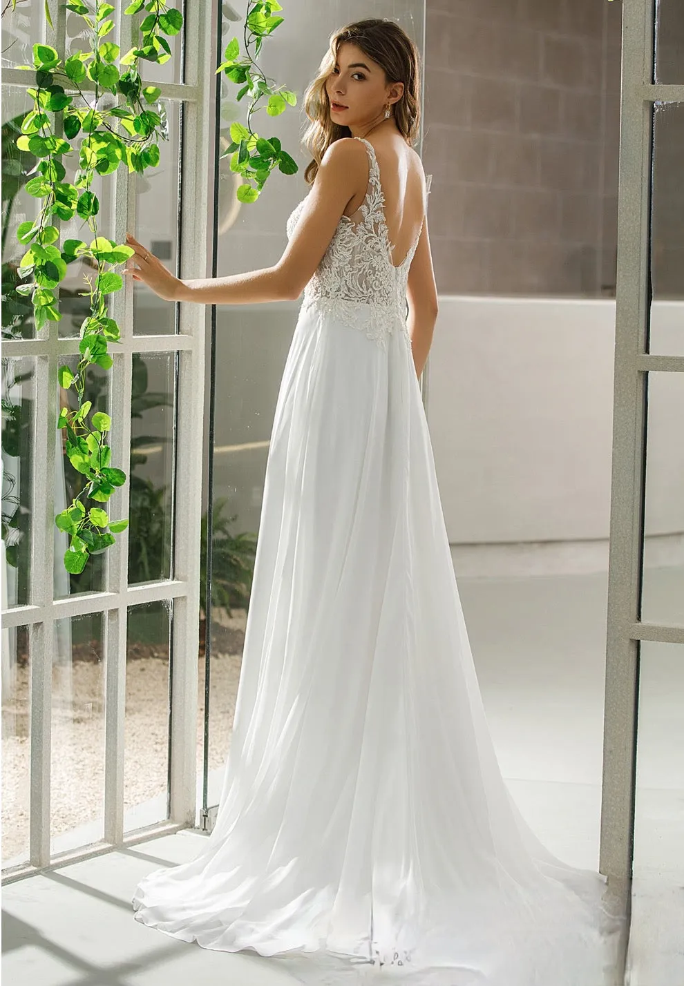 Simple Lace A-line Bridal Gown With Chiffon Skirt