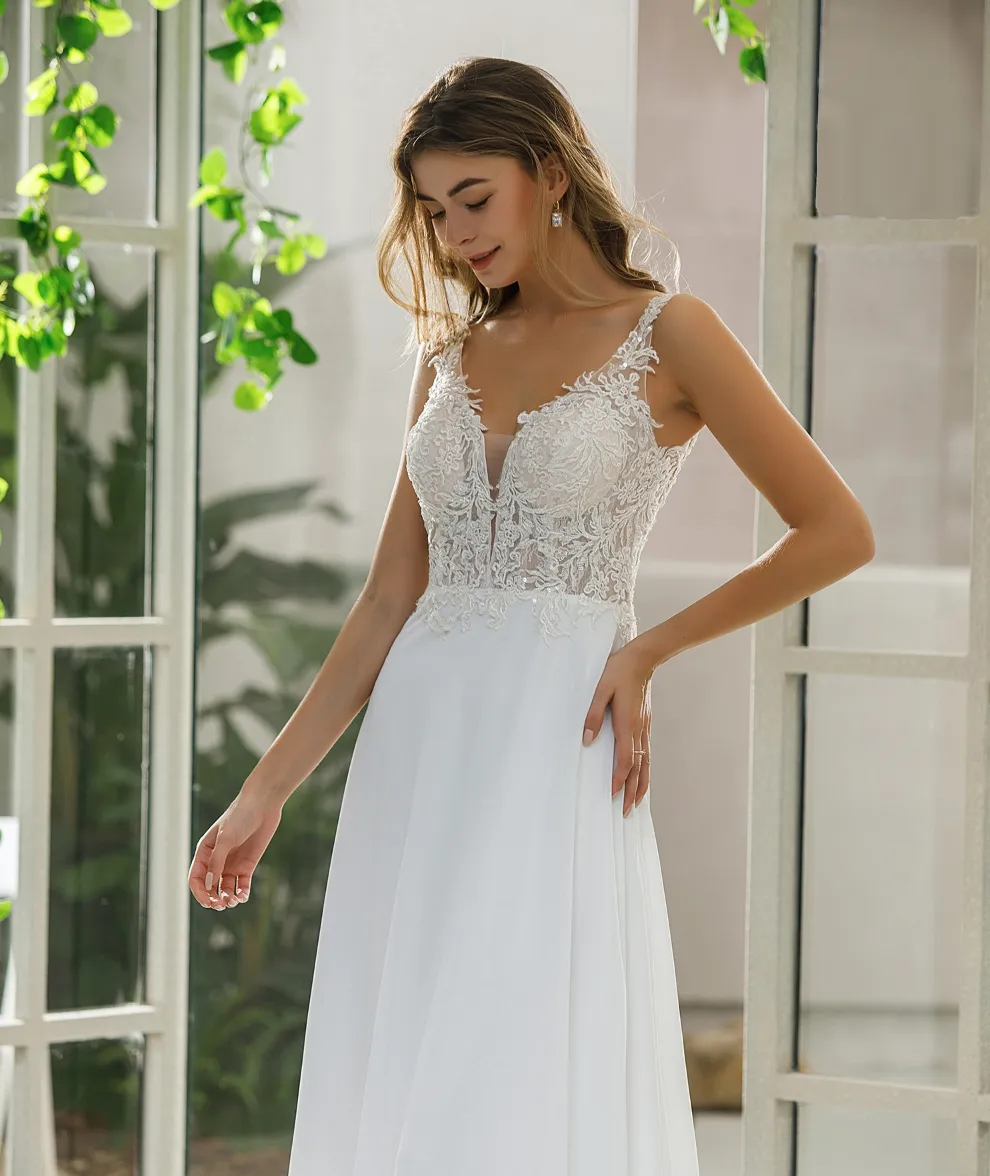 Simple Lace A-line Bridal Gown With Chiffon Skirt