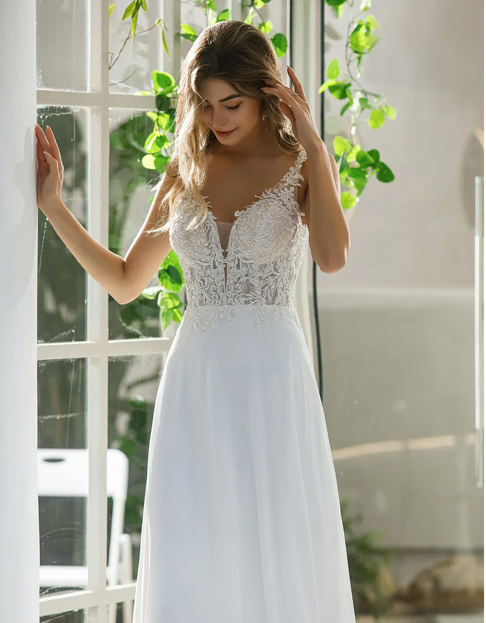 Simple Lace A-line Bridal Gown With Chiffon Skirt