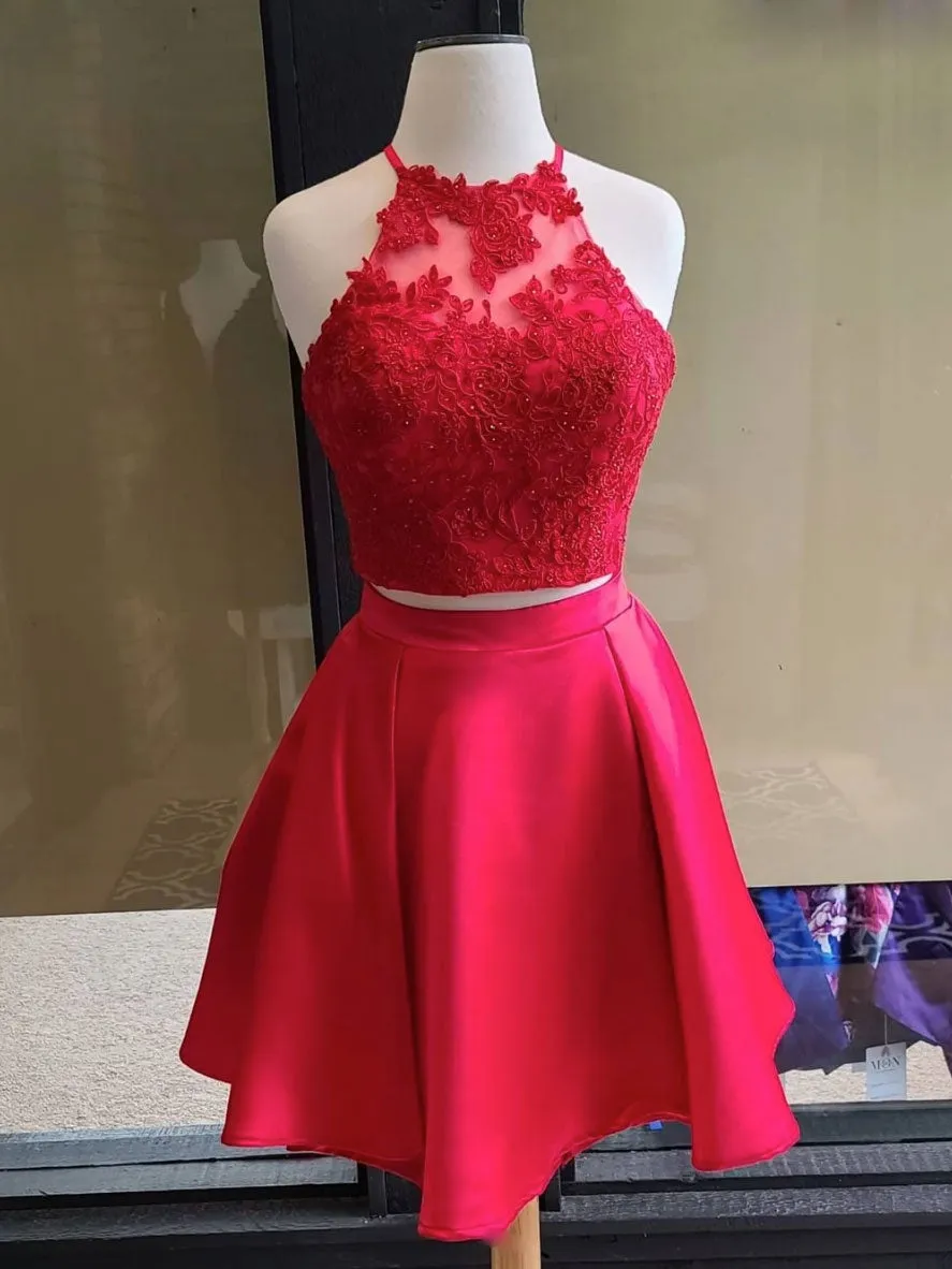 Simple red two pieces short lace prom dress red homecoming dress