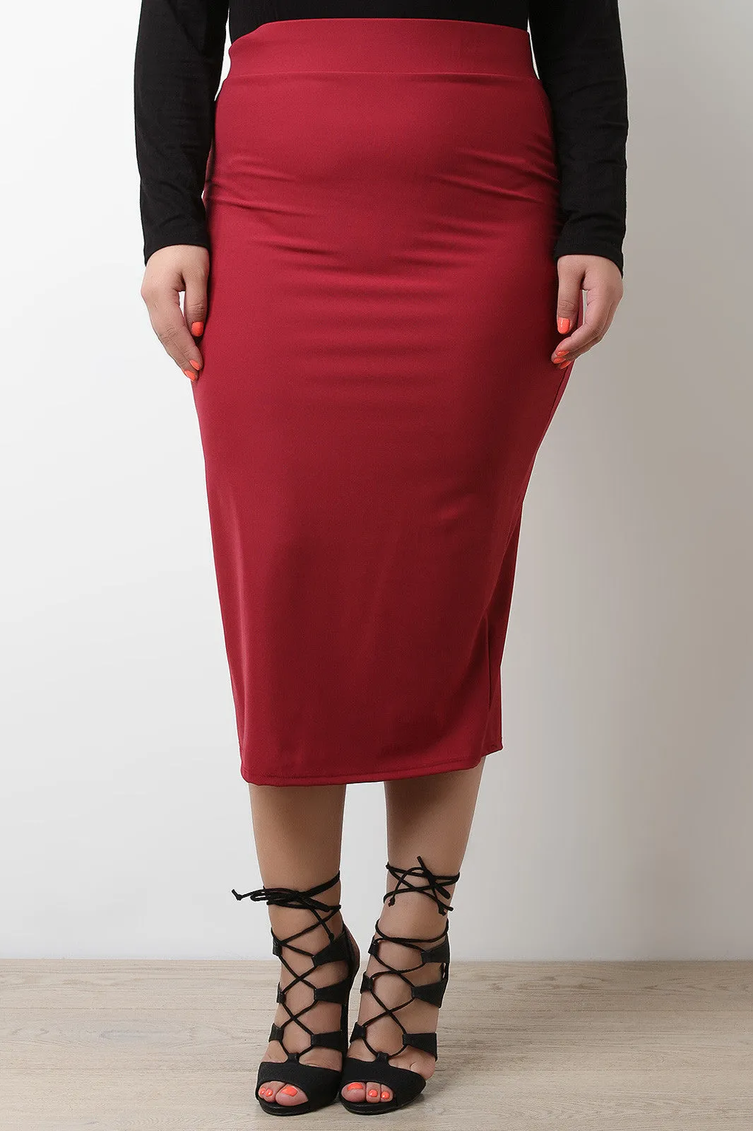 Solid Stretchy Midi Pencil Skirt