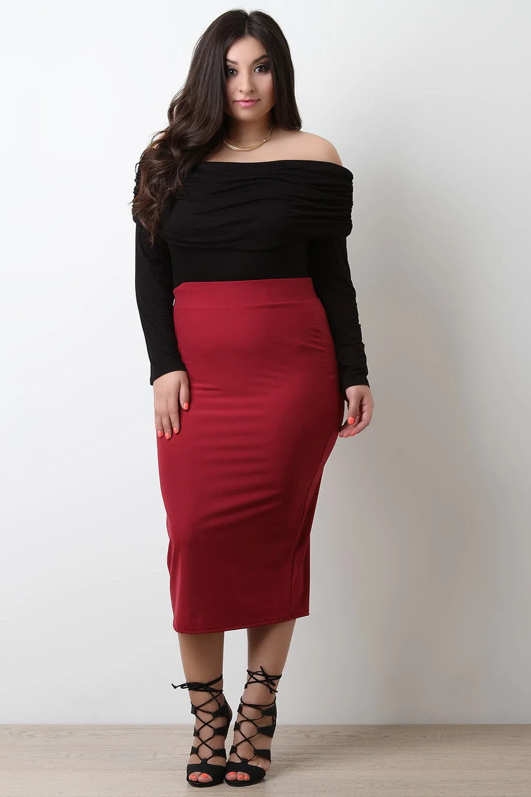 Solid Stretchy Midi Pencil Skirt