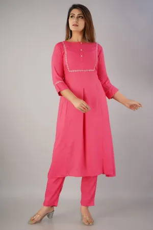 SVARCHI Women's Rayon Slub Embroidered A-Line Kurta & Pant Set (Pink)