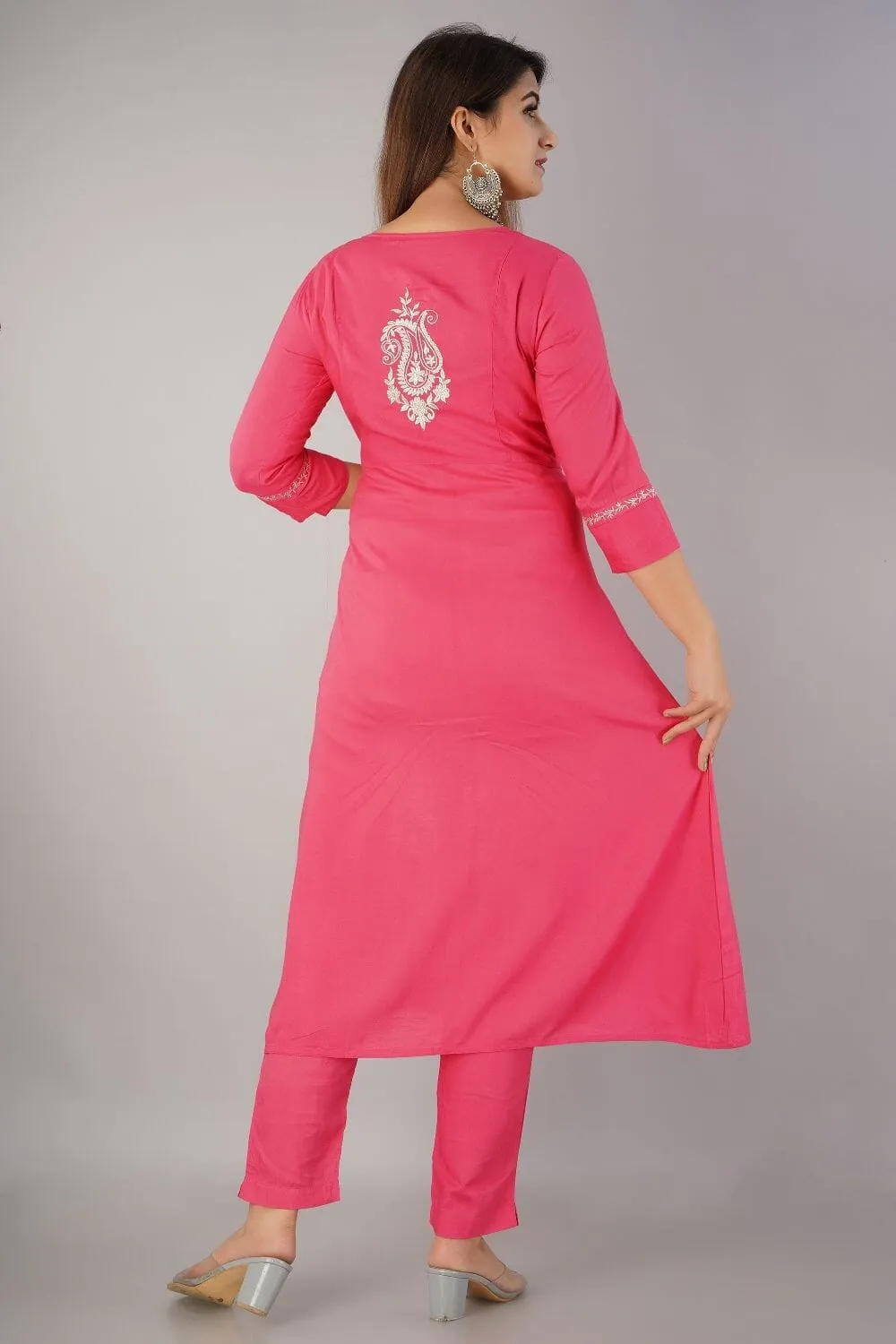 SVARCHI Women's Rayon Slub Embroidered A-Line Kurta & Pant Set (Pink)