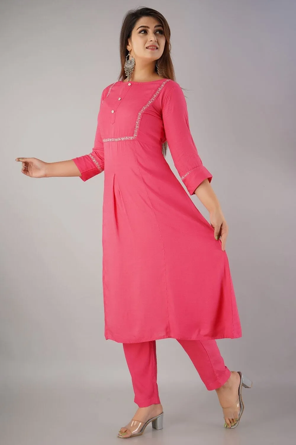 SVARCHI Women's Rayon Slub Embroidered A-Line Kurta & Pant Set (Pink)