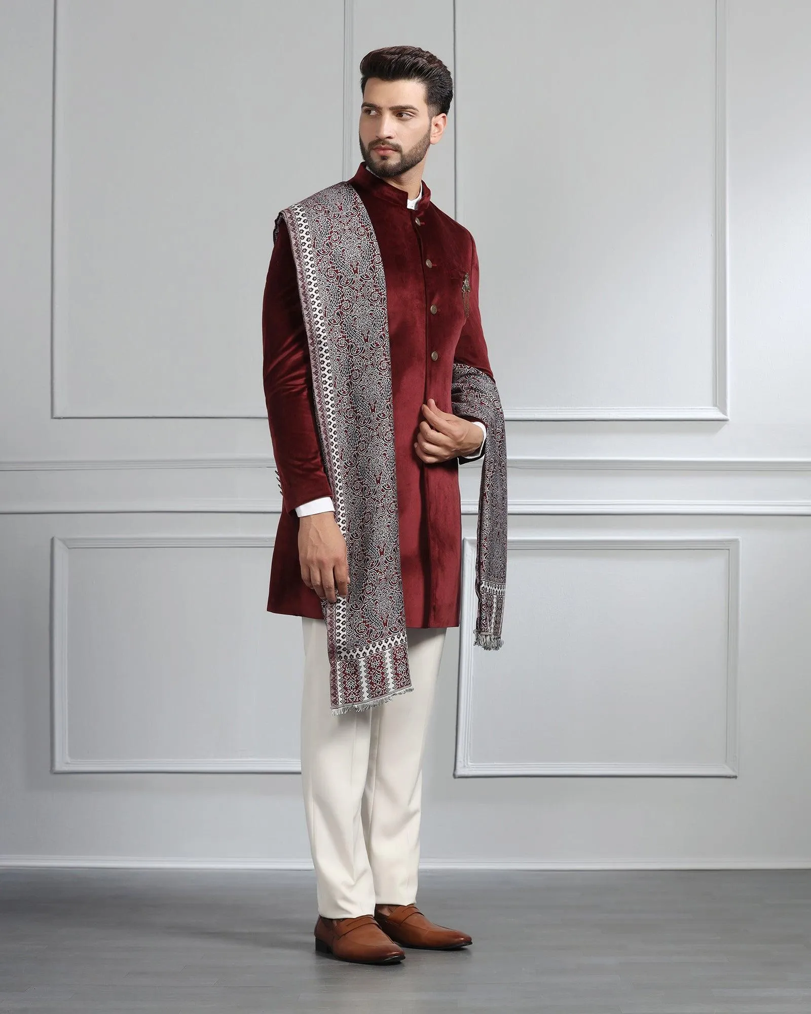 Swarn Two Piece Maroon Solid Achkan Set - Veltos