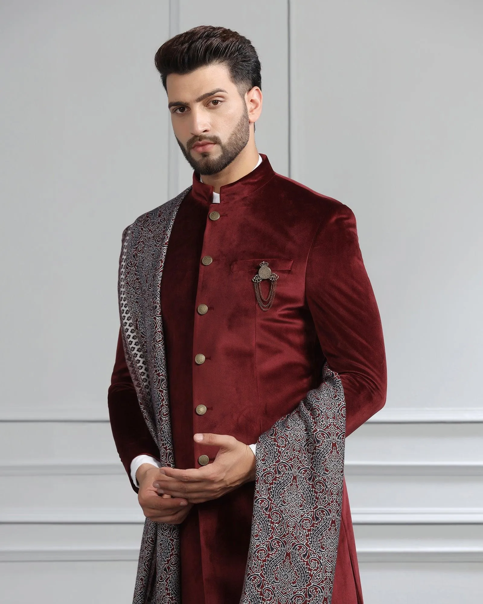 Swarn Two Piece Maroon Solid Achkan Set - Veltos