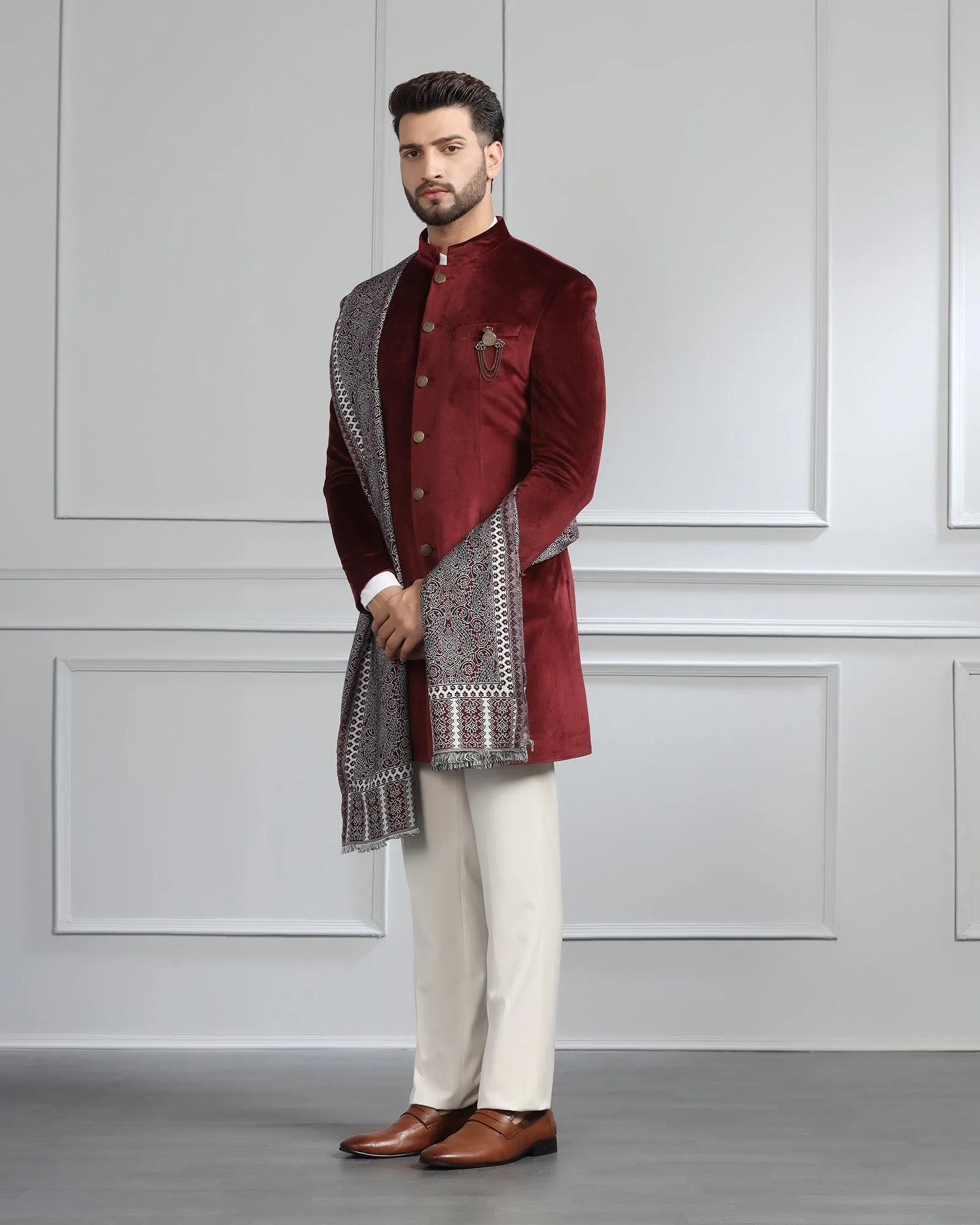 Swarn Two Piece Maroon Solid Achkan Set - Veltos