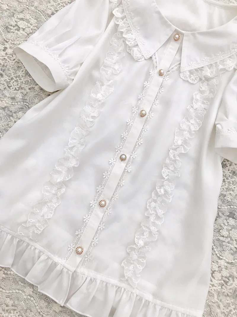 Sweet Short Sleeve Chiffon Shirt Ruffled Blouse Top