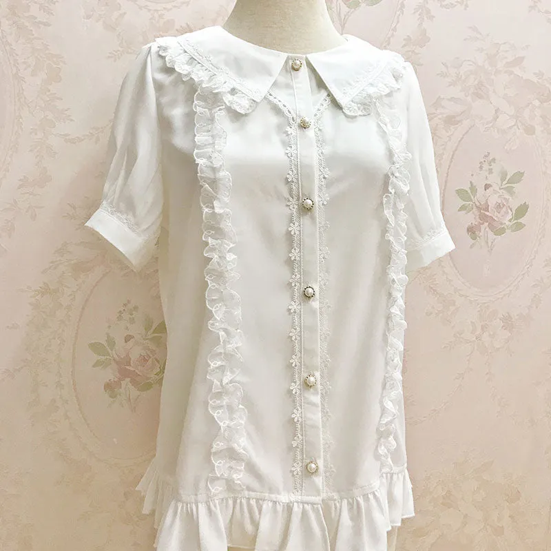 Sweet Short Sleeve Chiffon Shirt Ruffled Blouse Top