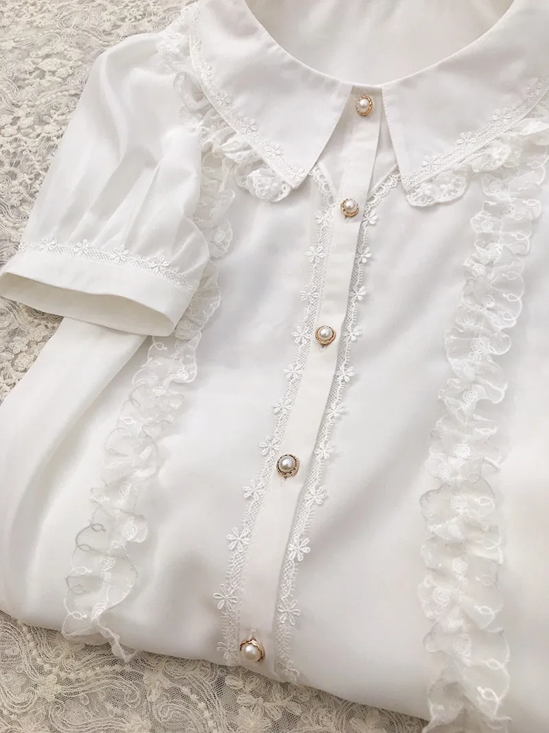 Sweet Short Sleeve Chiffon Shirt Ruffled Blouse Top