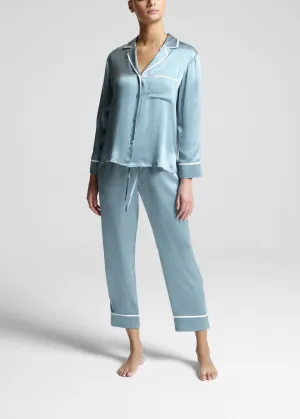 Sydney Cropped Pyjama Bottom Dust Blue Ribbon Pipped Silk