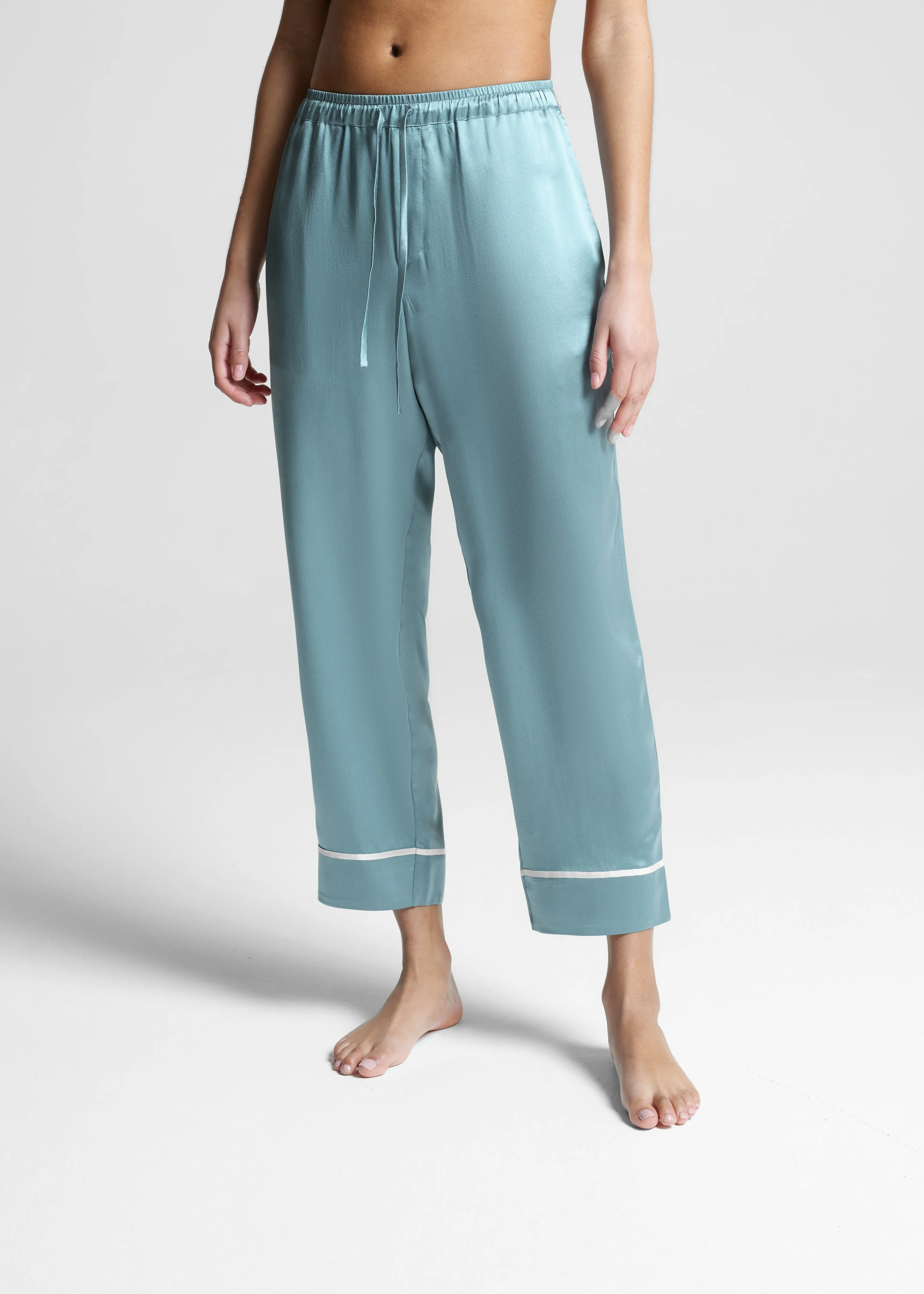 Sydney Cropped Pyjama Bottom Dust Blue Ribbon Pipped Silk