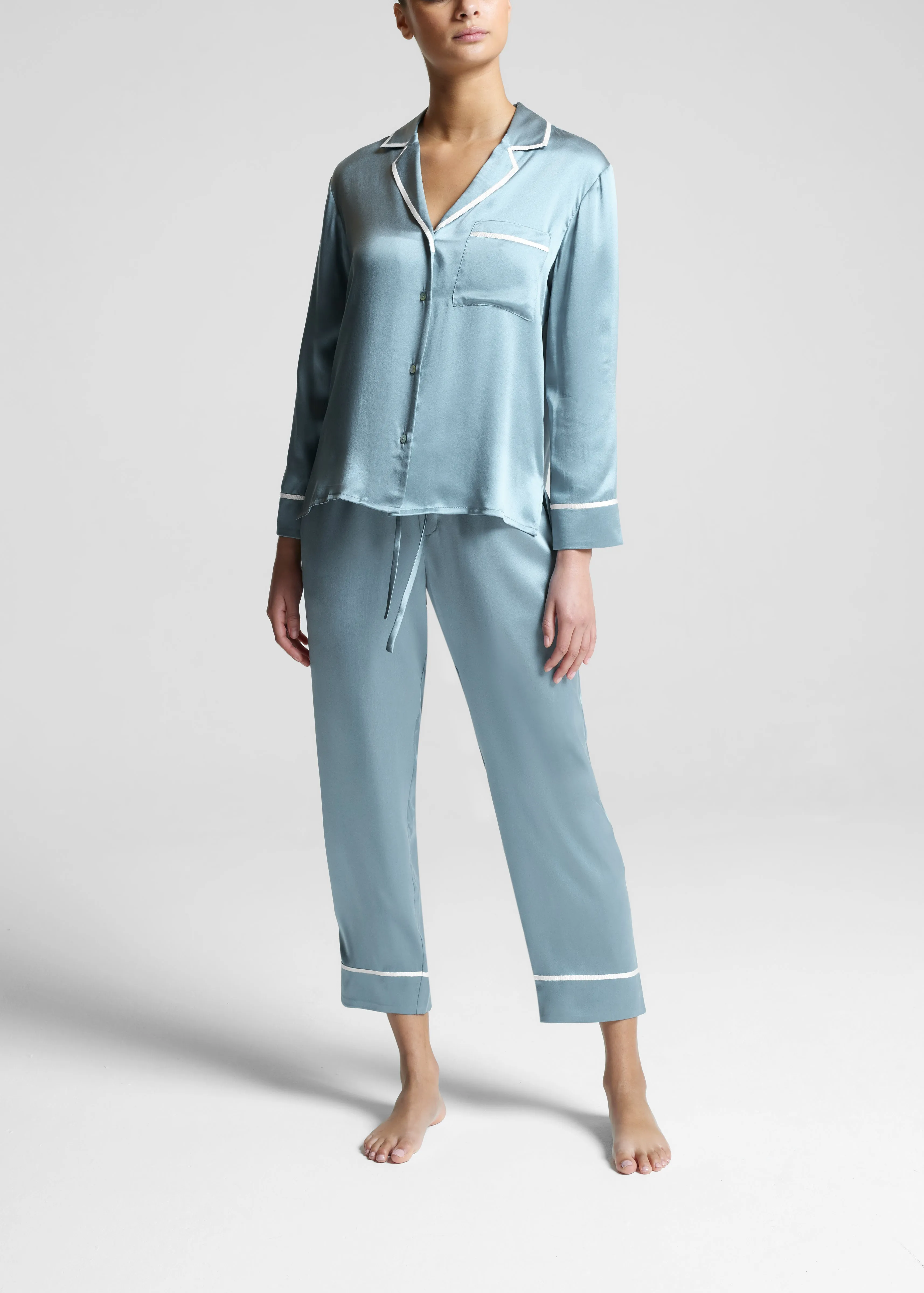 Sydney Cropped Pyjama Bottom Dust Blue Ribbon Pipped Silk