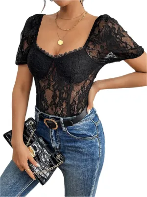 TEEK - Black Lace Short Sleeve Bodysuit