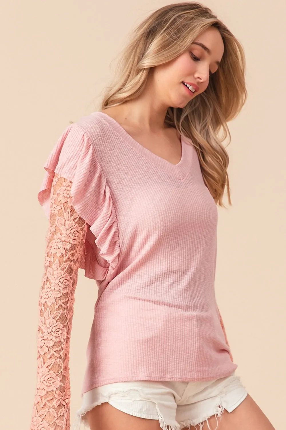 TEEK - Blush Pink Ruffled Lace Sleeve Rib Knit Top