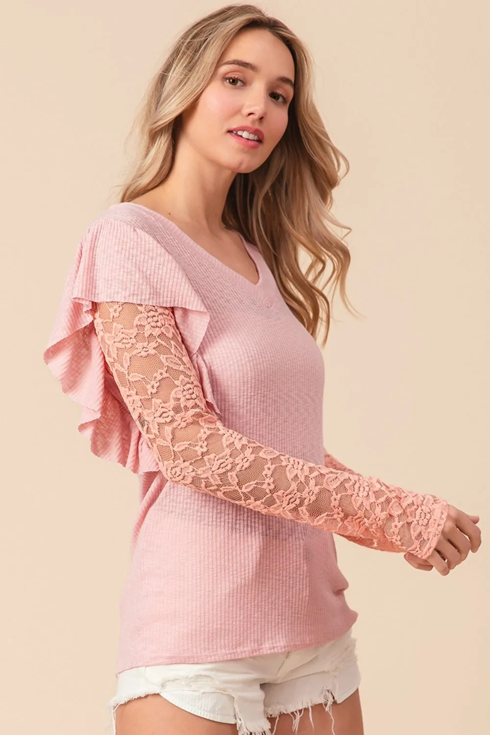 TEEK - Blush Pink Ruffled Lace Sleeve Rib Knit Top