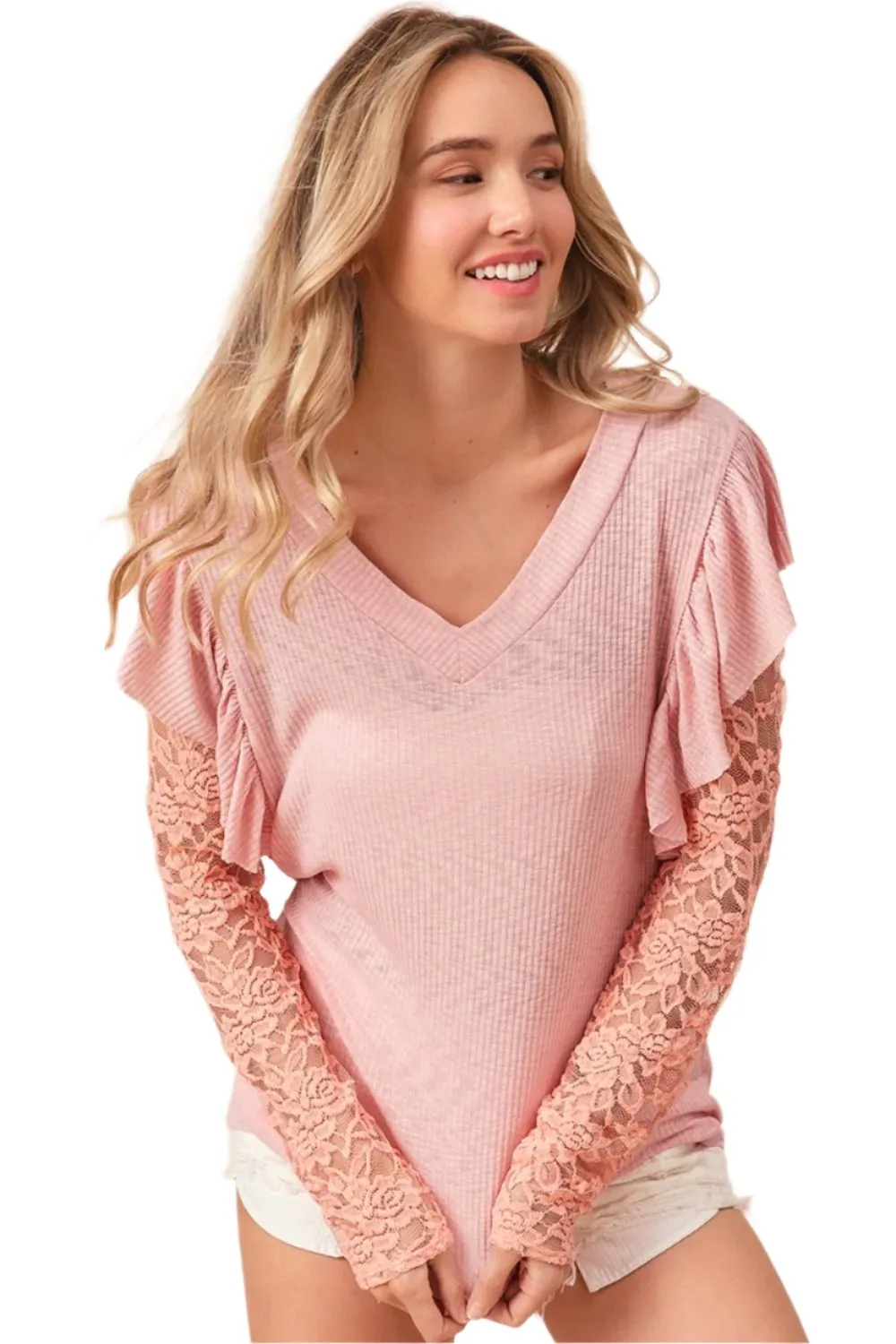 TEEK - Blush Pink Ruffled Lace Sleeve Rib Knit Top