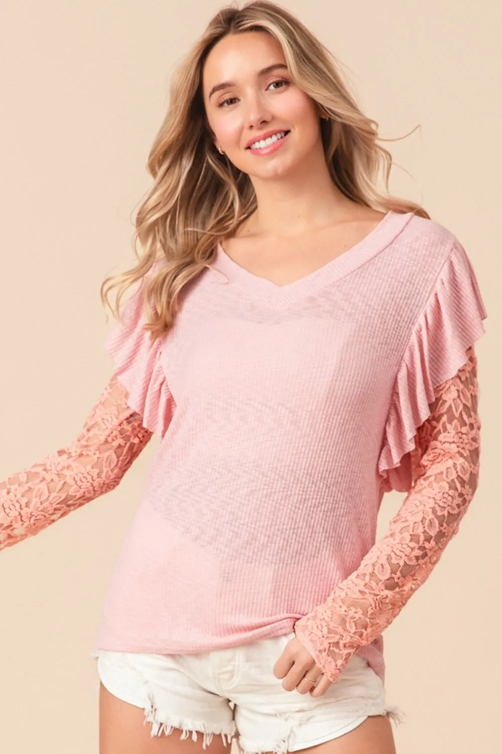 TEEK - Blush Pink Ruffled Lace Sleeve Rib Knit Top